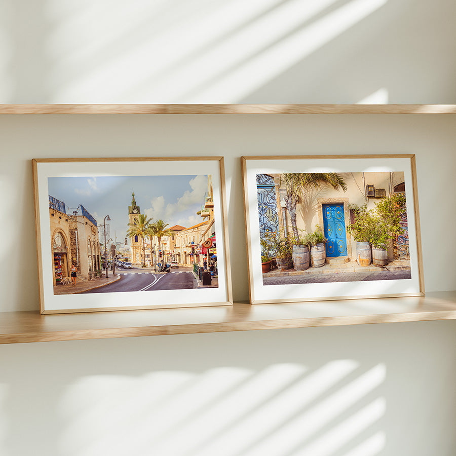 Set of 2 Tel Aviv wall art, Jaffa photography, Israel wall decor, Mediterranean wall art, Old Jaffa prints, Clocktower Yafo poster, blue door wall art, travel photography print, fine art Israel print set, Tel Aviv photography, architectural wall art