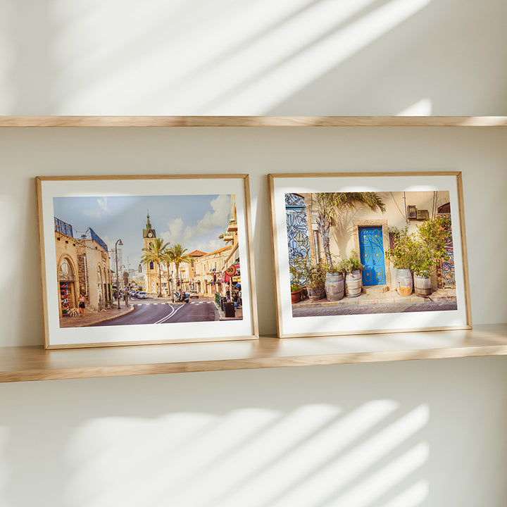 Set of 2 Tel Aviv wall art, Jaffa photography, Israel wall decor, Mediterranean wall art, Old Jaffa prints, Clocktower Yafo poster, blue door wall art, travel photography print, fine art Israel print set, Tel Aviv photography, architectural wall art