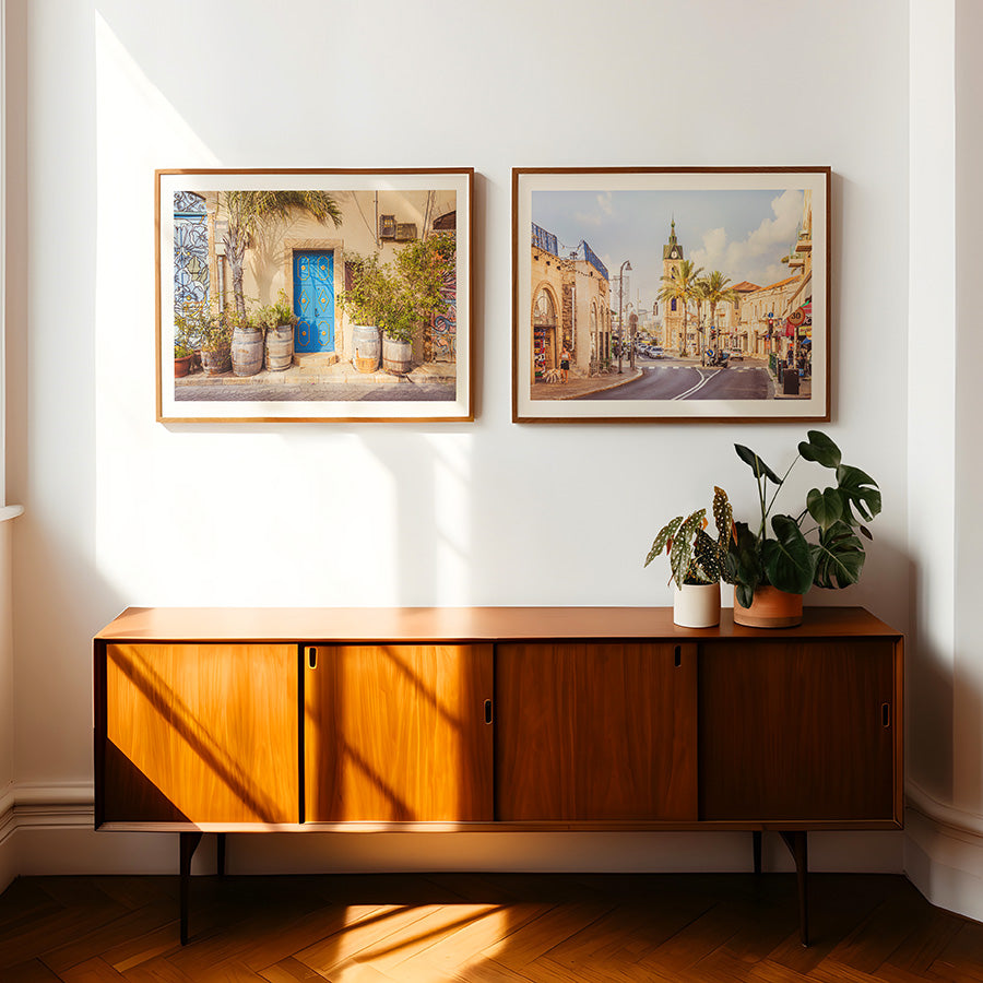 Set of 2 Tel Aviv wall art, Jaffa photography, Israel wall decor, Mediterranean wall art, Old Jaffa prints, Clocktower Yafo poster, blue door wall art, travel photography print, fine art Israel print set, Tel Aviv photography, architectural wall art