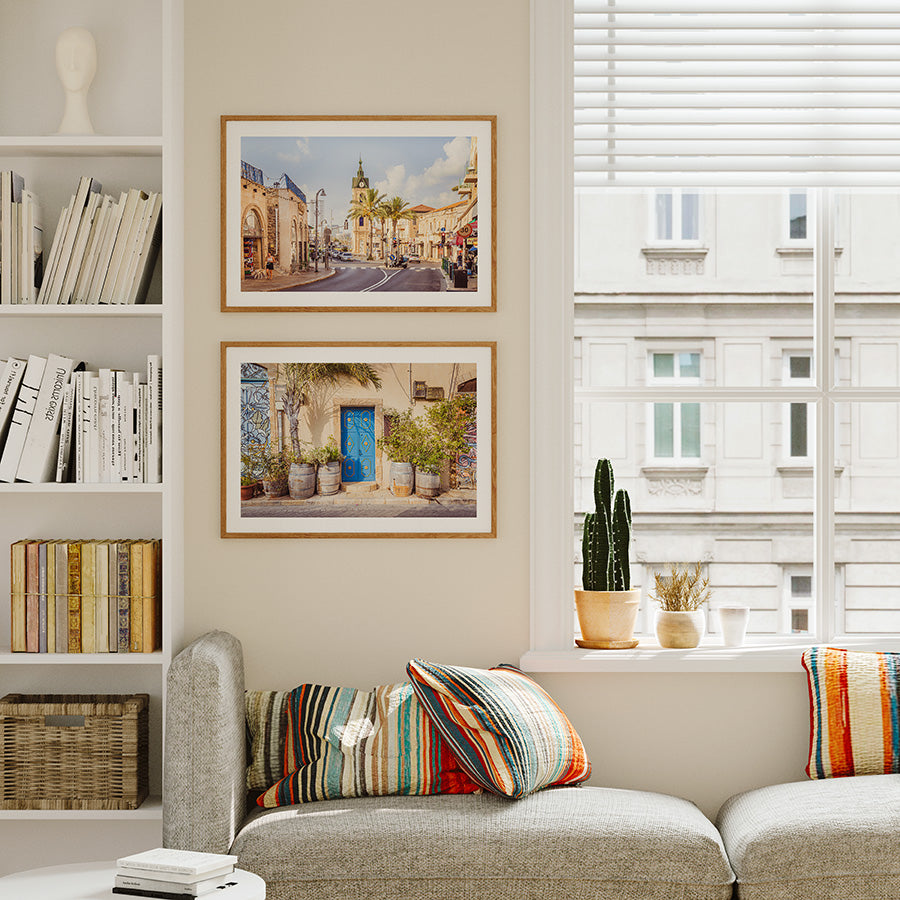 Set of 2 Tel Aviv wall art, Jaffa photography, Israel wall decor, Mediterranean wall art, Old Jaffa prints, Clocktower Yafo poster, blue door wall art, travel photography print, fine art Israel print set, Tel Aviv photography, architectural wall art