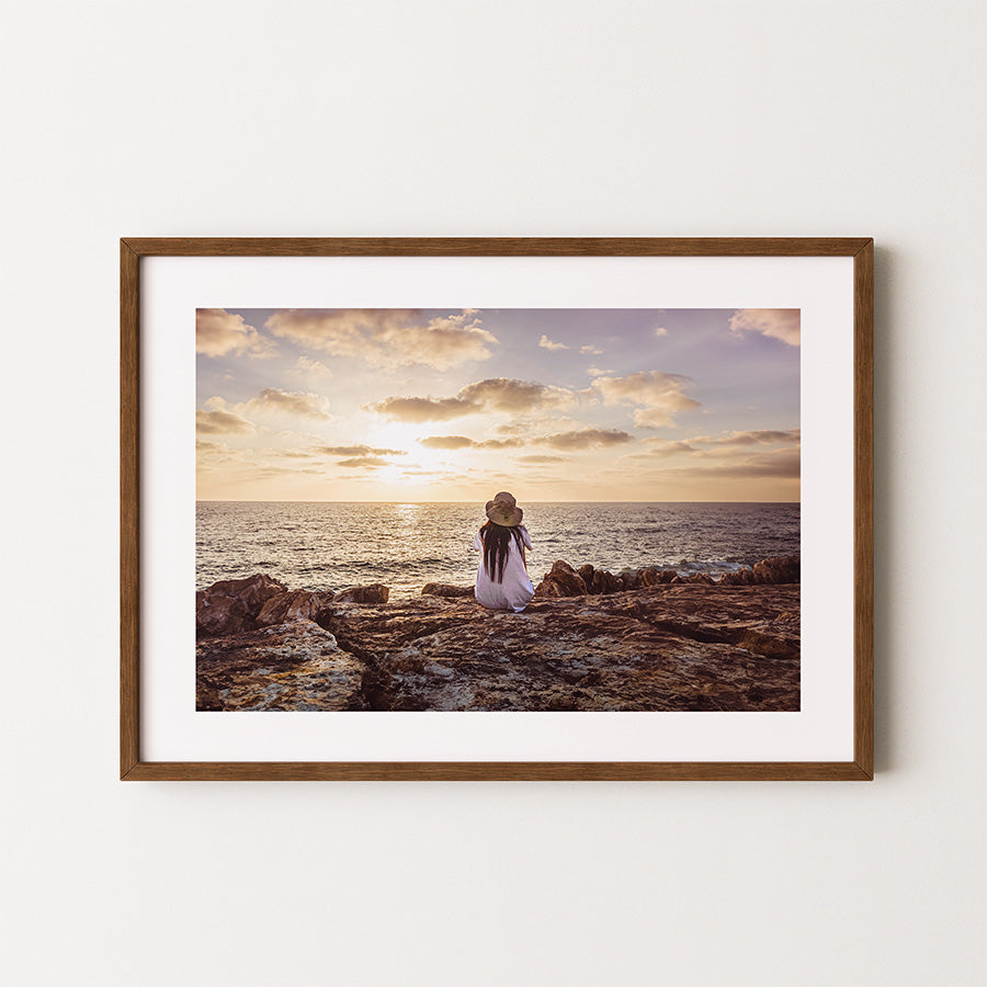 Tel Aviv beach poster, sunset wall art, woman at the beach print, Tel Aviv fine art print, sunset photography wall art, cinematic photo print, warm minimalist wall art, Israeli coast art, mindful art print, travel photography poster, emotional art decor, fine art Tel Aviv, sunset ocean print, urban beach photography, timeless coastal wall art