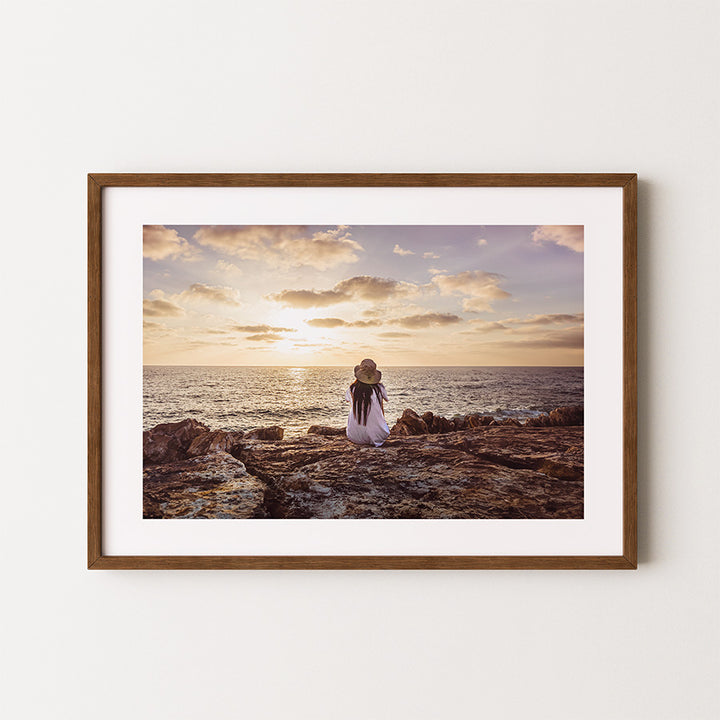 Tel Aviv beach poster, sunset wall art, woman at the beach print, Tel Aviv fine art print, sunset photography wall art, cinematic photo print, warm minimalist wall art, Israeli coast art, mindful art print, travel photography poster, emotional art decor, fine art Tel Aviv, sunset ocean print, urban beach photography, timeless coastal wall art