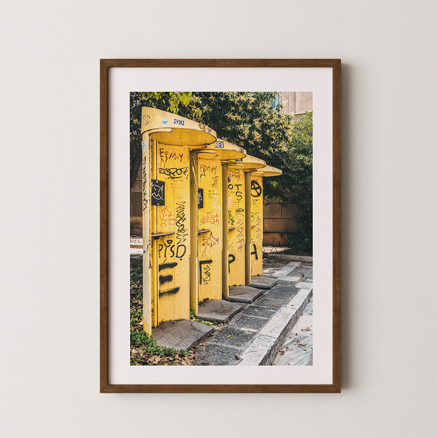 Yellow payphones Athens, Athens wall art, Greece urban photography, Athens street photography, Greece wall art, Athens photography print, Greek street art, Athens poster, Greece poster, urban wall art, Athens fine art print, vintage payphone photography