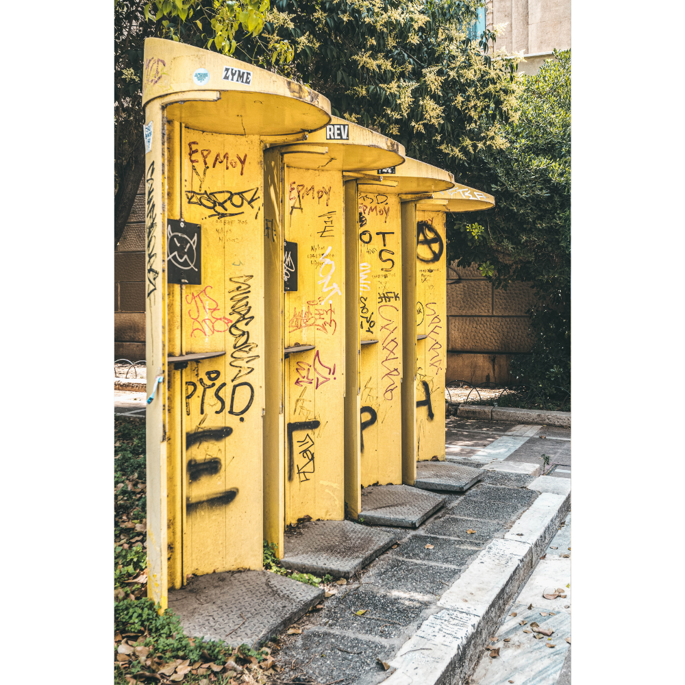 Yellow payphones Athens, Athens wall art, Greece urban photography, Athens street photography, Greece wall art, Athens photography print, Greek street art, Athens poster, Greece poster, urban wall art, Athens fine art print, vintage payphone photography