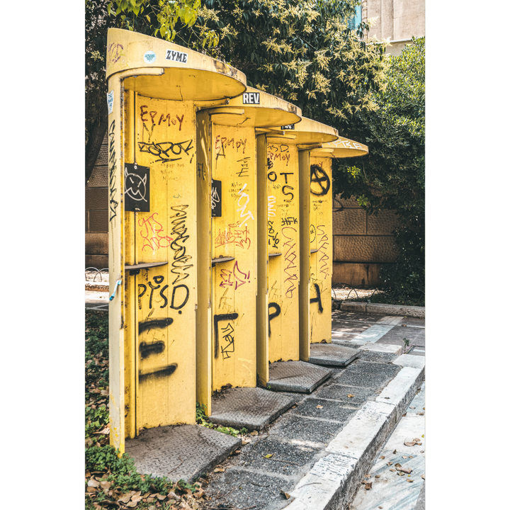 Yellow payphones Athens, Athens wall art, Greece urban photography, Athens street photography, Greece wall art, Athens photography print, Greek street art, Athens poster, Greece poster, urban wall art, Athens fine art print, vintage payphone photography