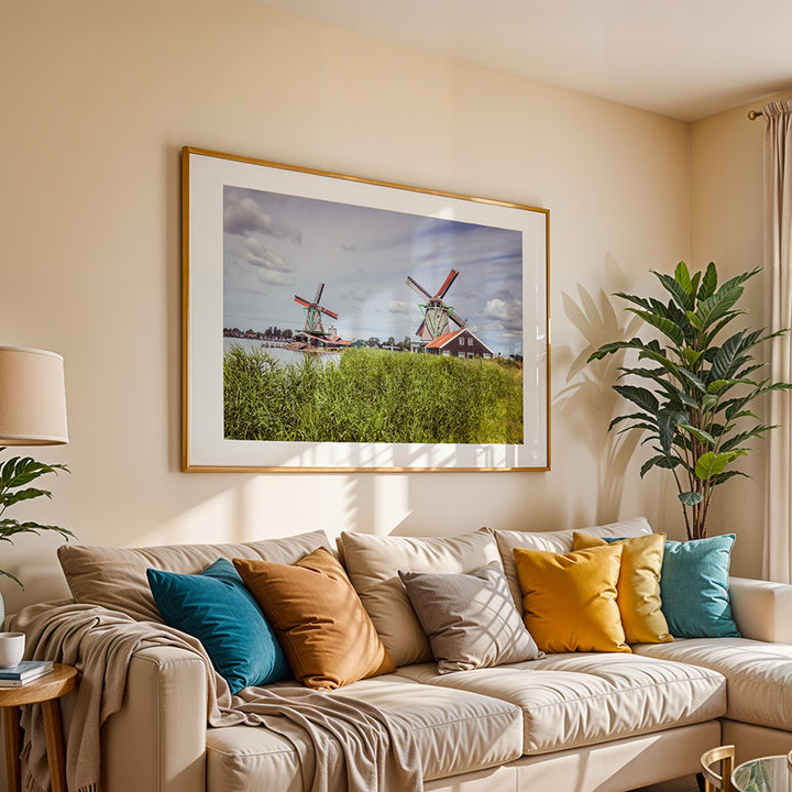 Zaanse Schans windmills wall art, Netherlands landscape poster, Dutch countryside print, fine art photography wall decor, archival photo print, sustainable art print, museum-quality photography, travel poster Netherlands, scenic windmills print, eco-friendly fine art