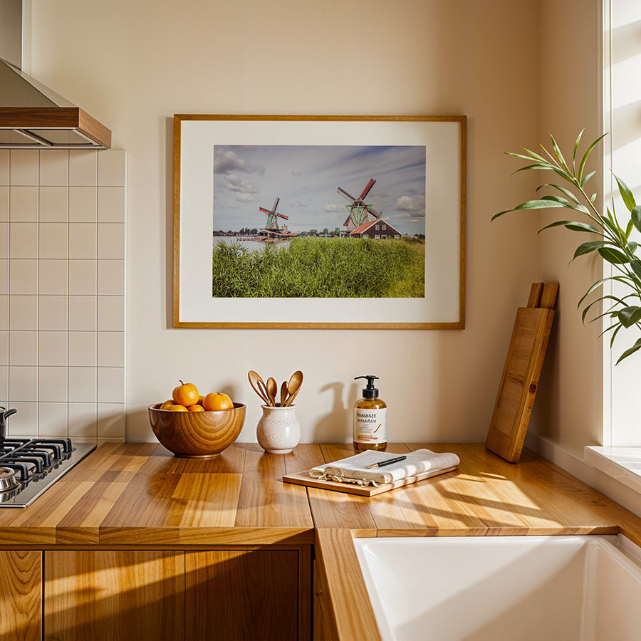 Zaanse Schans windmills wall art, Netherlands landscape poster, Dutch countryside print, fine art photography wall decor, archival photo print, sustainable art print, museum-quality photography, travel poster Netherlands, scenic windmills print, eco-friendly fine art