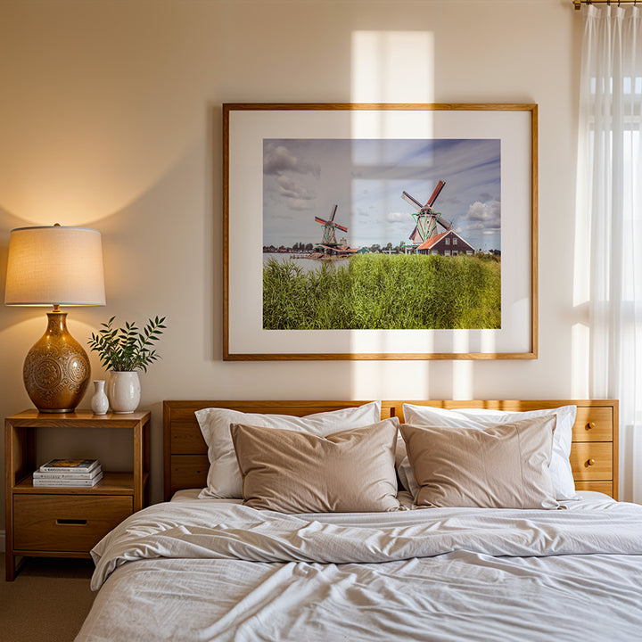 Zaanse Schans windmills wall art, Netherlands landscape poster, Dutch countryside print, fine art photography wall decor, archival photo print, sustainable art print, museum-quality photography, travel poster Netherlands, scenic windmills print, eco-friendly fine art