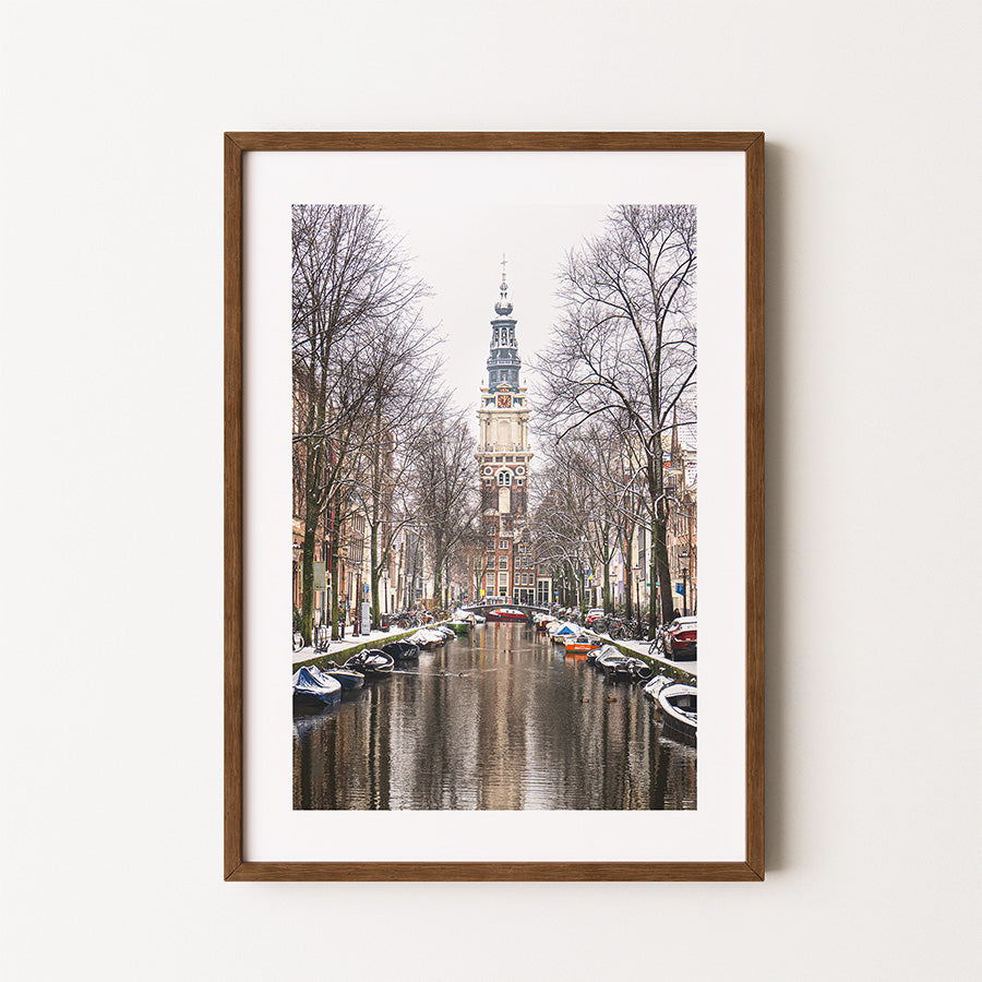 Zuiderkerk Amsterdam winter wall art, Zuiderkerk canal print, Amsterdam winter fine art photography, Zuiderkerk Amsterdam print, Amsterdam canal winter poster, Dutch winter cityscape wall art, Amsterdam vertical wall art, Netherlands winter photography print, Amsterdam church photography artwork, fine art photography Amsterdam winter