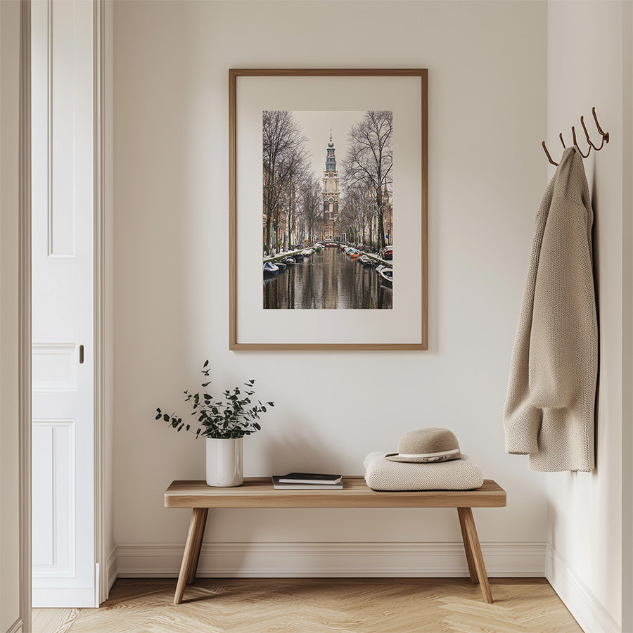 Zuiderkerk Amsterdam winter wall art, Zuiderkerk canal print, Amsterdam winter fine art photography, Zuiderkerk Amsterdam print, Amsterdam canal winter poster, Dutch winter cityscape wall art, Amsterdam vertical wall art, Netherlands winter photography print, Amsterdam church photography artwork, fine art photography Amsterdam winter